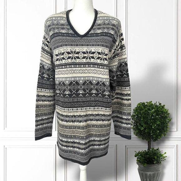 Lane Bryant Fair Isle Blue Tunic Sweater Wool Blend V Neck Venezia SZ 22/24 - Picture 1 of 10